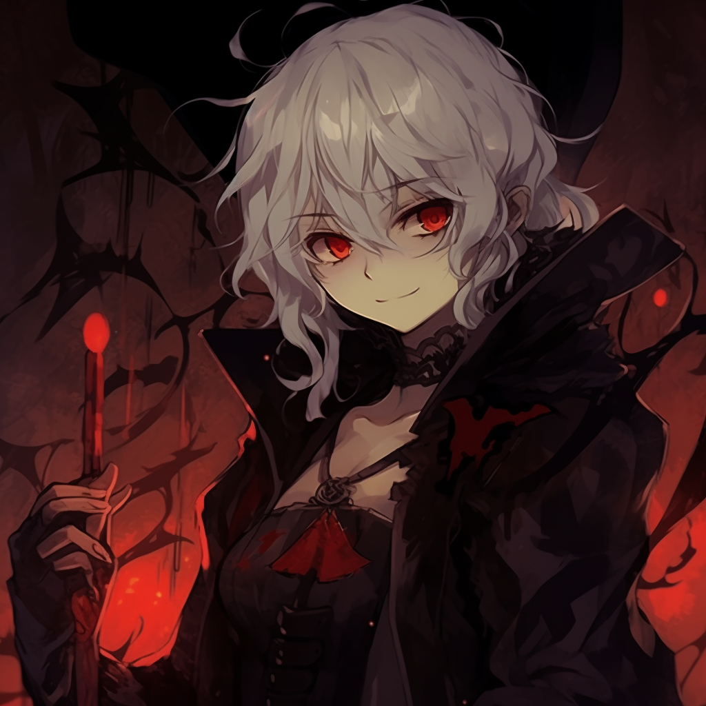 Anime vampire with blood-red eyes, emphasis on eye detail and the stark contrast against pale skin. halloween pfp anime genres