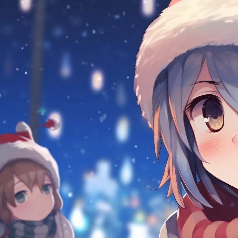 Two characters with glowing Christmas lights, bokeh effect and mesmerizing colors. christmas-themed cute pfp that match pfp for discord.