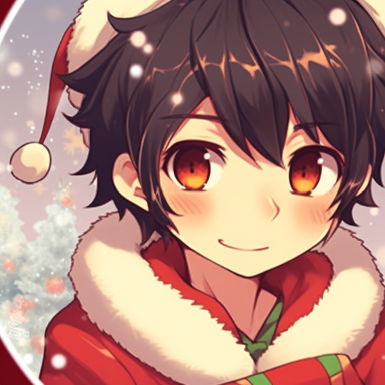 Two male characters in Santa-themed outfits, bold colors and detailed shading. cute matching christmas anime boy pfp pfp for discord.