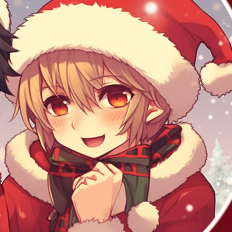 Two male characters in Santa-themed outfits, bold colors and detailed shading. cute matching christmas anime boy pfp pfp for discord.
