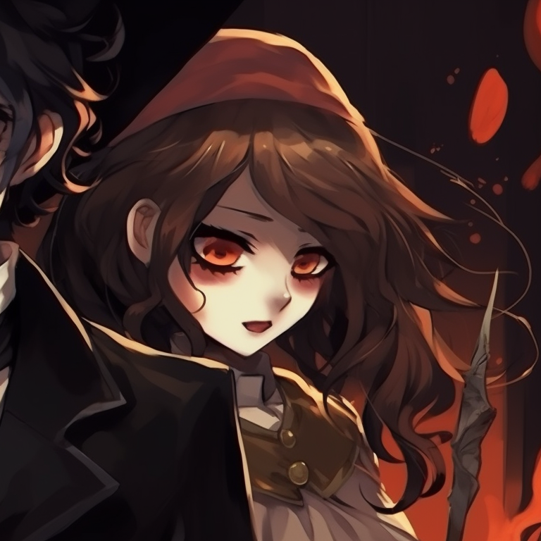 Two characters partially hidden in shadows, ethereal glow and intense eyes. halloween themed pfp matching pfp for discord.