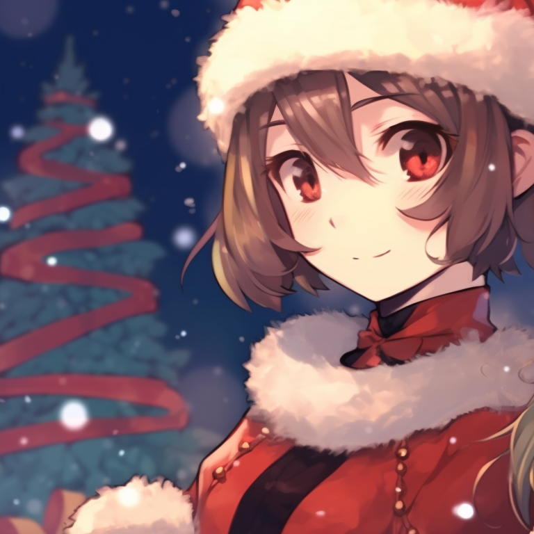 Two characters donned in festive attire, surrounded by a whimsical Christmas atmosphere. christmas anime matching pfp pfp for discord.