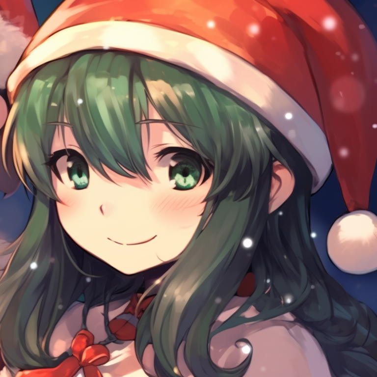 Two characters donned in festive attire, surrounded by a whimsical Christmas atmosphere. christmas anime matching pfp pfp for discord.