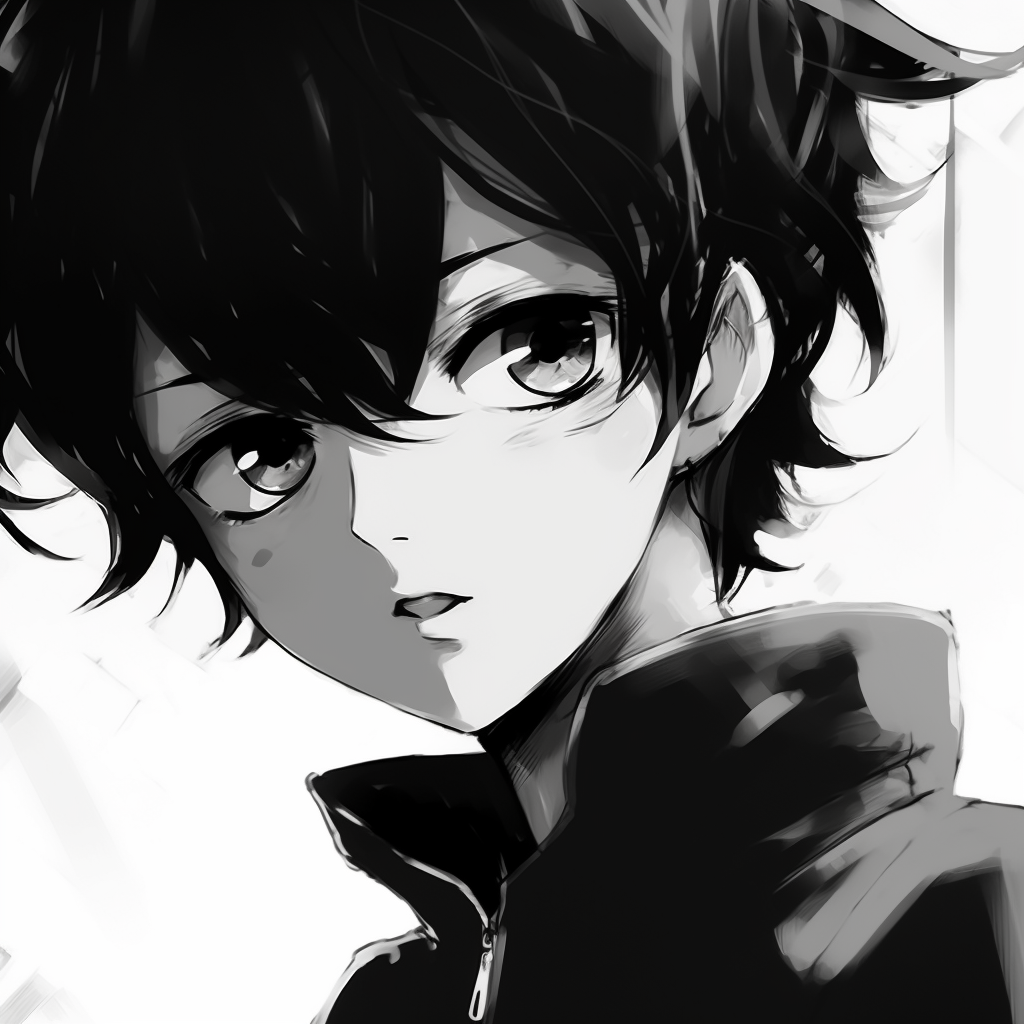 Intense representation of an anime boy, the black and white palette highlighting the drama. eminent black and white anime boy pfp pfp for discord.