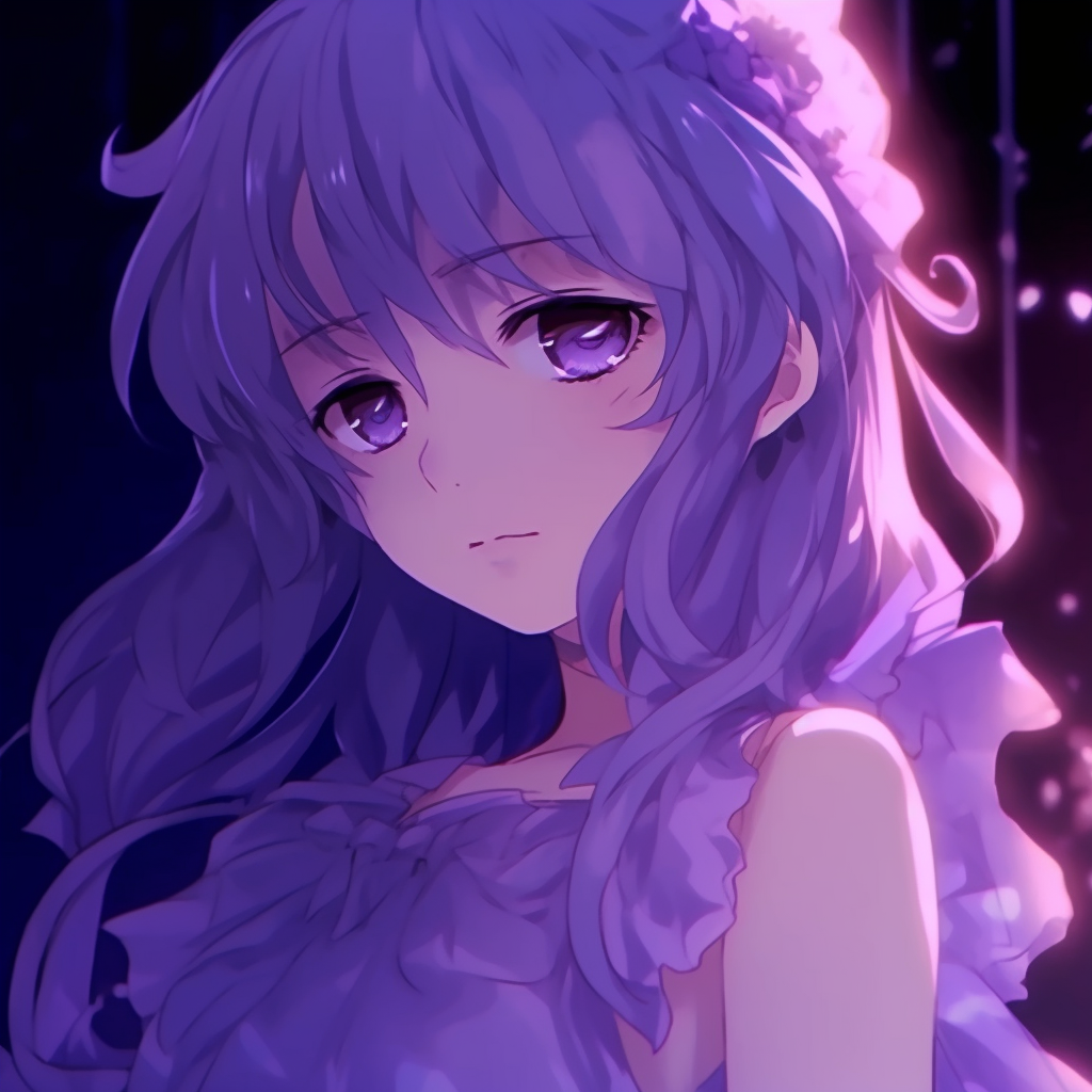 Mysterious anime girl in a detailed violet costume, marvellous color gradients and distinct outlines. elegant purple anime pfp girls