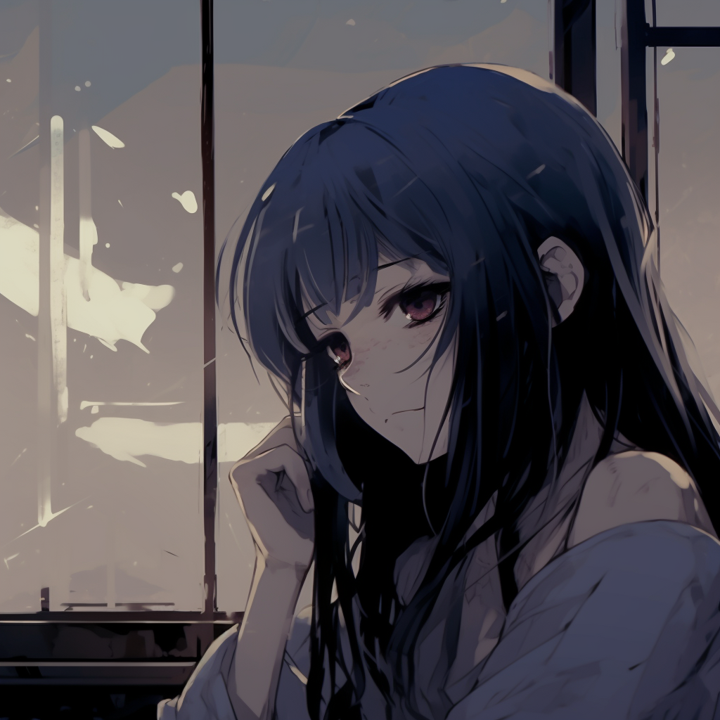 A pensive, depressed anime girl immersed in a sea of her thoughts, with a deep focus on her somber eyes. depressed anime girl pfp wallpaper pfp for discord.