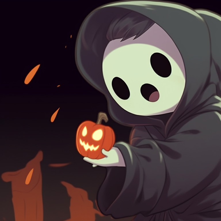 Two characters, stylized to resemble traditional Japanese folklore ghosts, posed amidst autumn leaves and Halloween decorations. creative matching ghost pfp halloween theme collection pfp for discord.