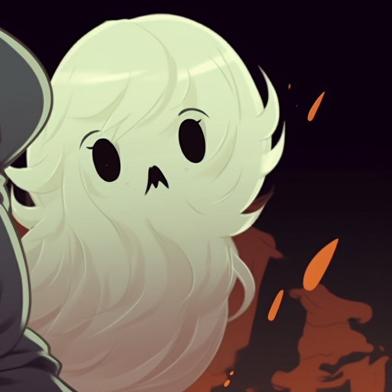 Two characters, stylized to resemble traditional Japanese folklore ghosts, posed amidst autumn leaves and Halloween decorations. creative matching ghost pfp halloween theme collection pfp for discord.