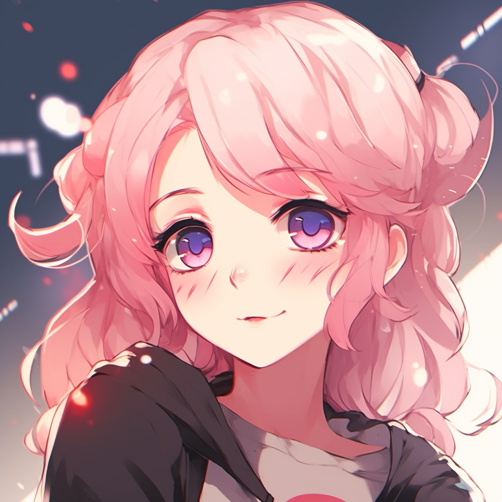 Anime girl with twinkling eyes and pink hair in a playful pose, outlined with fine lines. cute female animated pfp
