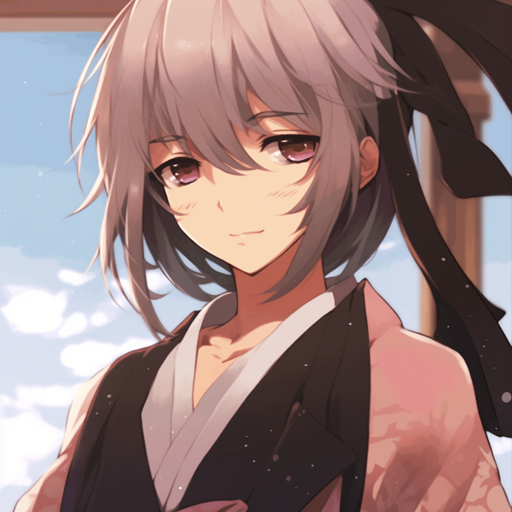 Focused detail of Shoujo's face in Kimono, reflective eyes and subtle blush gradients. sophisticated animated pfp