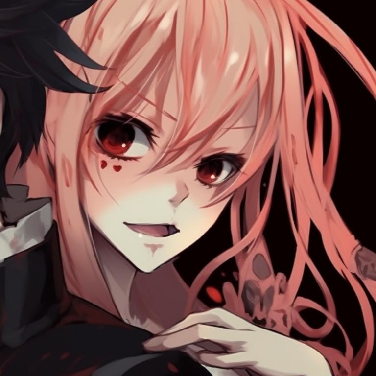 Matching anime characters in classic monster outfits, vivid reds, and eerie greens dominant, signifying horror and intensity. halloween themed matching couple anime pfp pfp for discord.