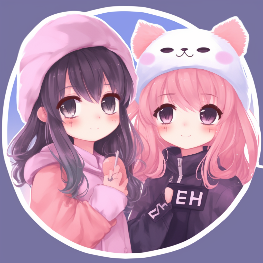 Two anime friends, styled as fluffy creatures with oversized eyes, dominant pastel colors. cute concept matching pfp in anime for friends
