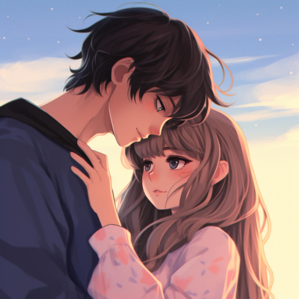 A scene of a sweet anime couple in a heartfelt embrace, soft pastel colors. adorable couple anime pfp