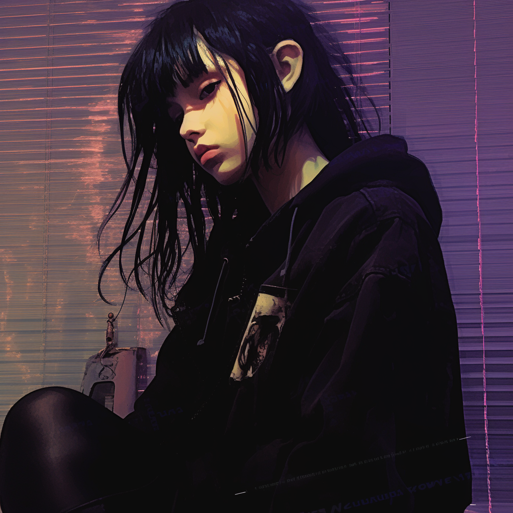 Character exemplifying grunge mood with grim expressions, heavy use of grey and black palettes. trends in grunge aesthetic pfp pfp for discord.