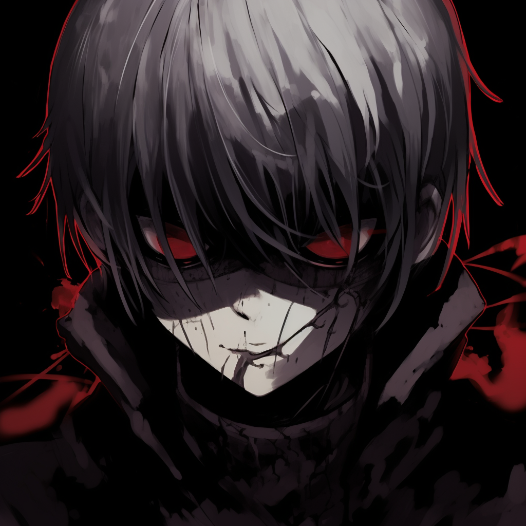 Kaneki's iconic pose with his gothic mask, dark tones and high contrast. iconic gothic pfp characters in anime