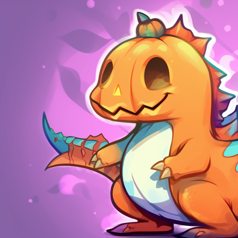 Two characters in dinosaur and pumpkin outfits, bold lines and bright orange palette creative dino matching pfp halloween theme pfp for discord.