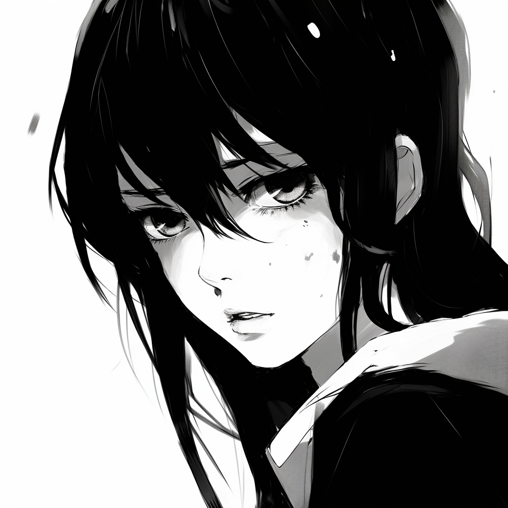 Profile of a female character capturing mood and emotion, traditional manga style in high contrast. black and white anime female profile picture