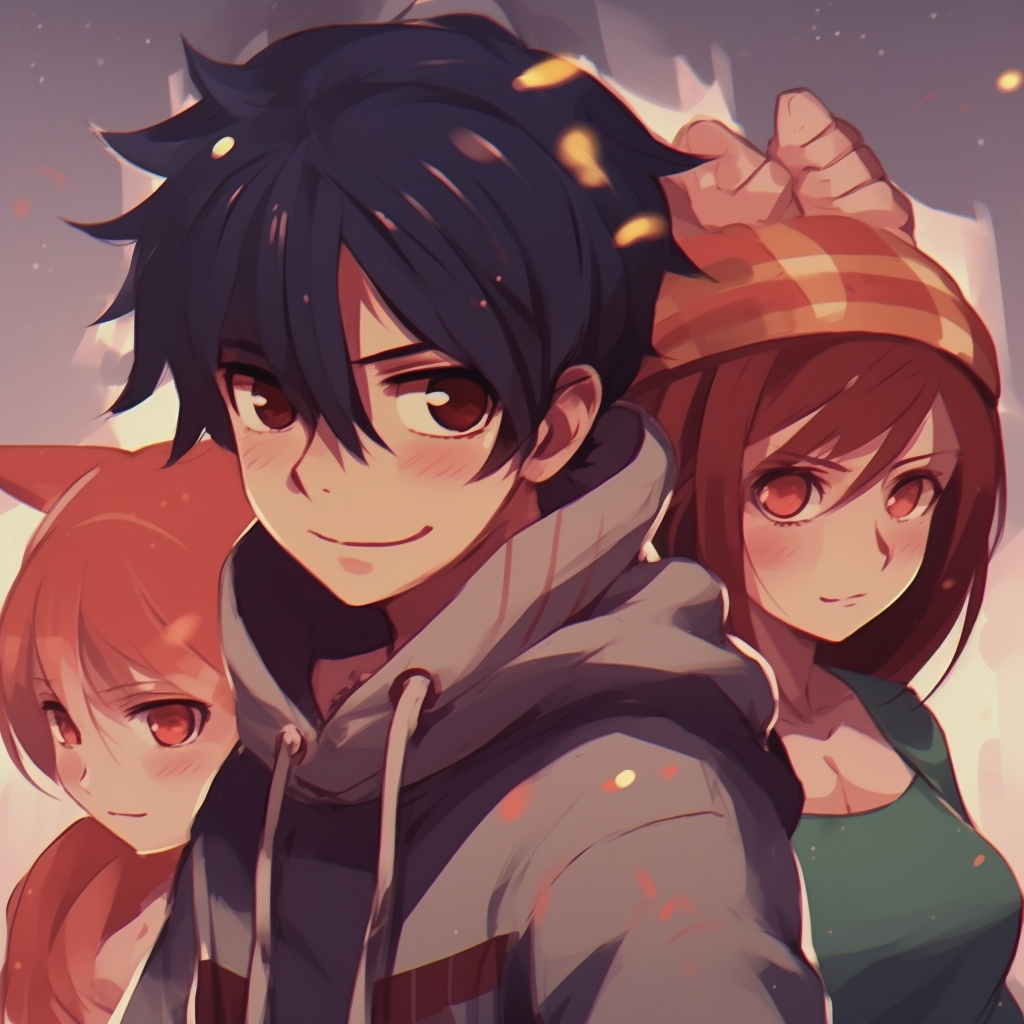 Profiles of Natsu, Gray, and Erza displaying close-ups, with heightened contrast and detailed textures. anime trio matching pfp