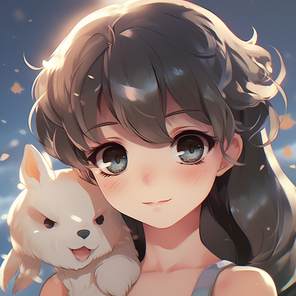Anime girl peacefully interacting with a small pet dragon, using a soft color palette and subtle shading. cute female animated pfp
