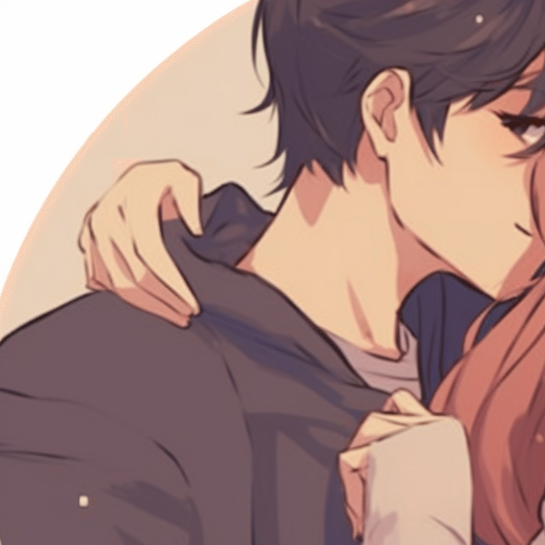 Two characters sharing a dreamy gaze, cloudy background and pastel colors. adorable matching pfp for couples pfp for discord.