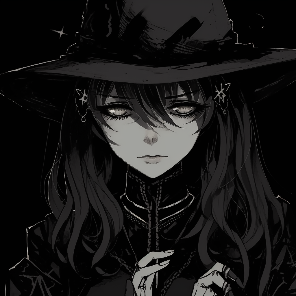 Vampire character in anime style, cloaked in darkness with detailed Gothic attire and piercing gazes. anime pfp dark with gothic style pfp for discord.