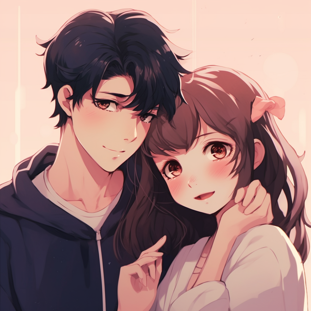 A lovey-dovey anime couple, soft and bright colors with detailed character expression. animated matching couple pfp