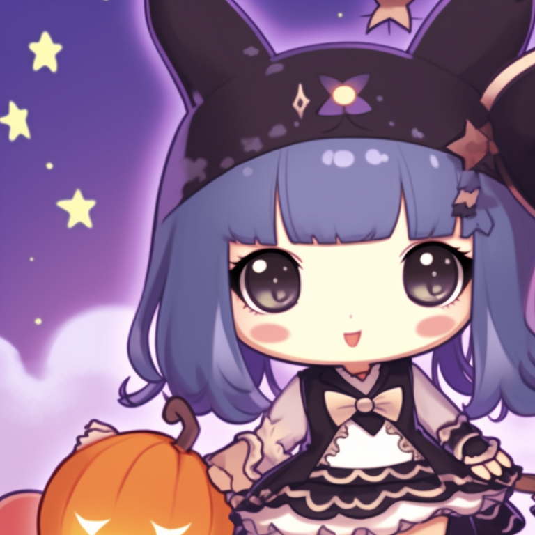 Melody and Kuromi in matching witch costumes, vibrant colors with cartoonish style. halloween themed melody and kuromi matching pfps pfp for discord.