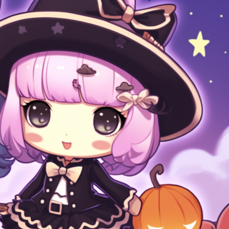 Melody and Kuromi in matching witch costumes, vibrant colors with cartoonish style. halloween themed melody and kuromi matching pfps pfp for discord.