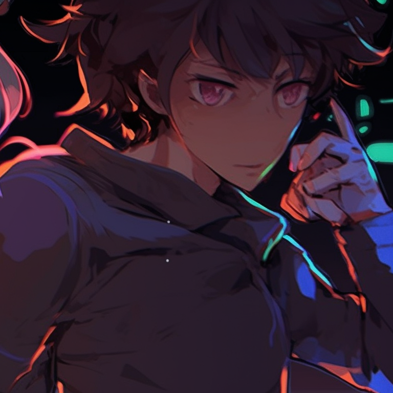 Two characters standing back-to-back, glowing accents on their outfits, futuristic vibe. awesome anime matching pfp ideas for friends pfp for discord.