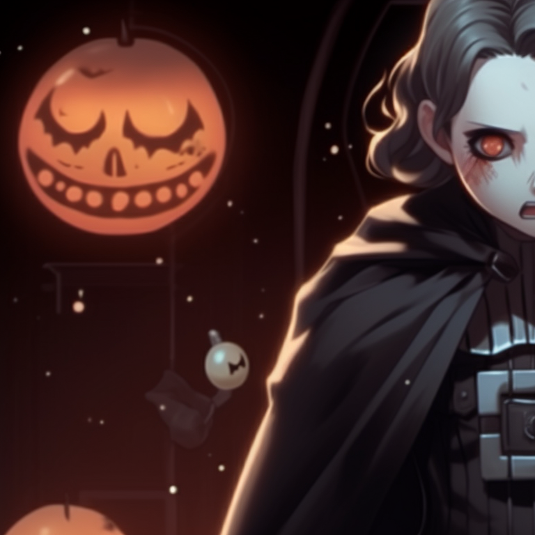 Two robotic characters decorated with Halloween motifs, in contrasting orange and black colors. star wars matching pfp halloween concept pfp for discord.