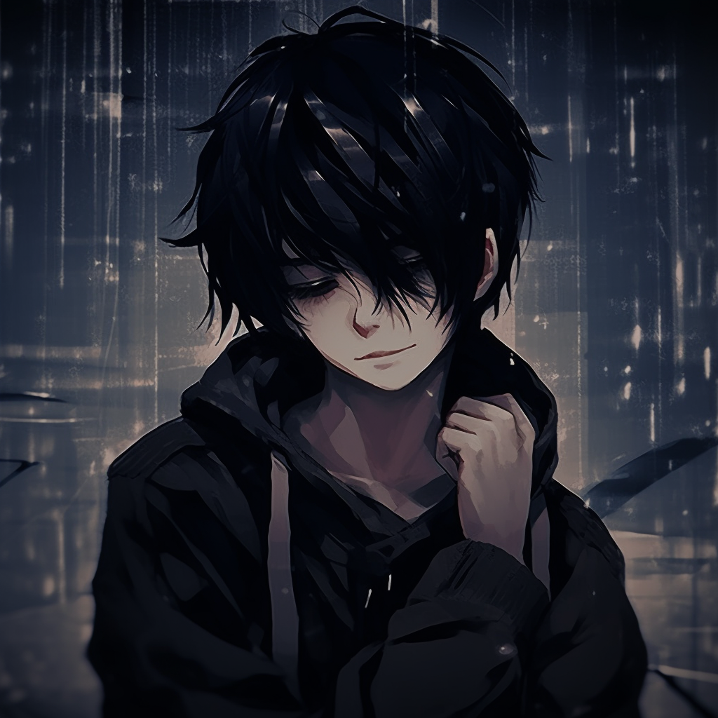 An anime boy designed with a dystopian aesthetic, featuring desolate vibes and grunge textures. dark aesthetic anime pfp boy artwork