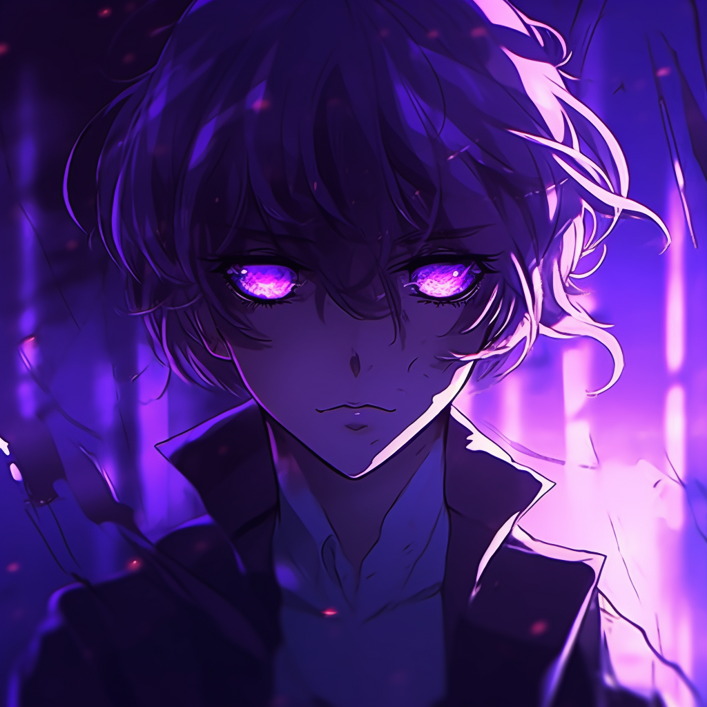 Anime profile picture radiating with intense shades of purple, complete with sparkling details in the eyes. charming purple anime pfp pfp for discord.