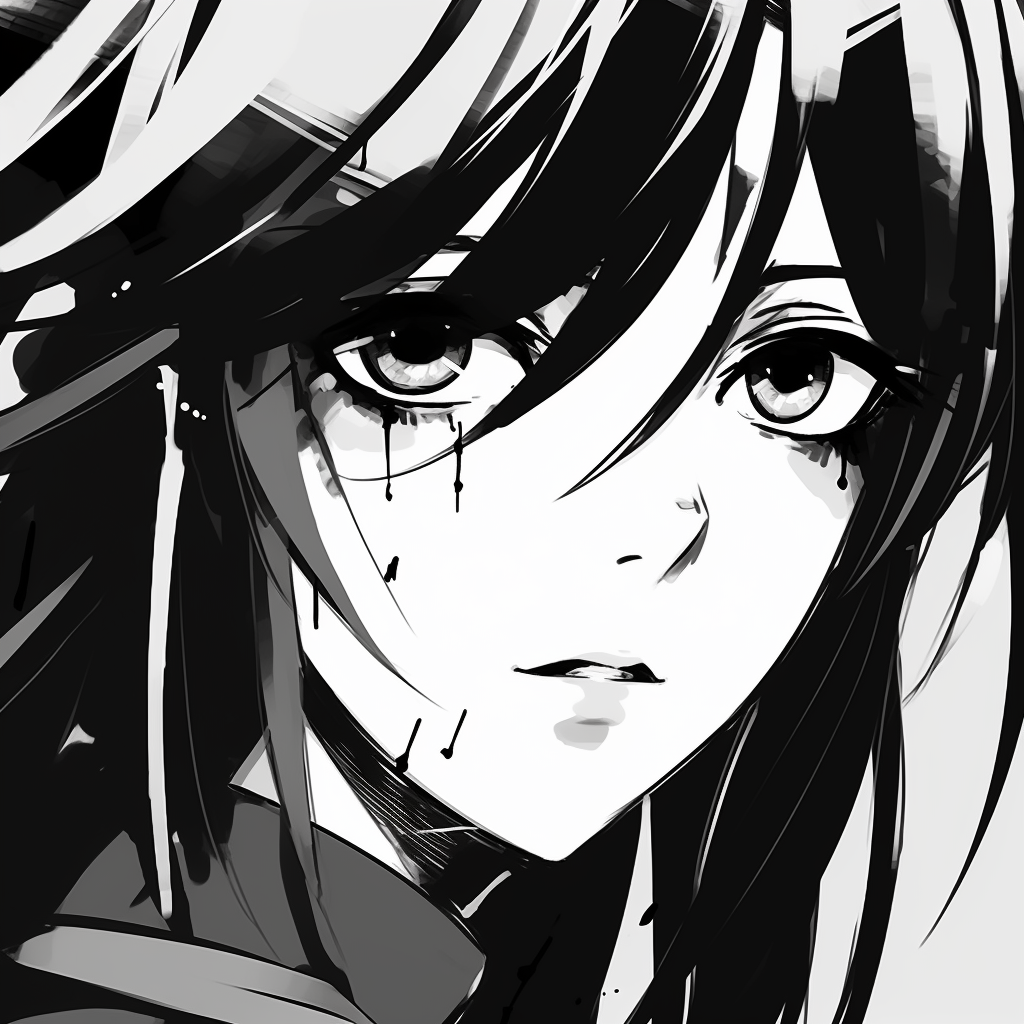Close-up detail of an anime character, highlighting expressive eyes and bold linework. unique anime black and white pfp