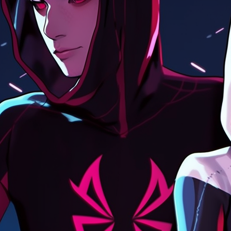 Gwen and Miles in front of a Halloween-themed backdrop, soft lighting and playful expressions. spiderverse gwen and miles matching pfp pfp for discord.