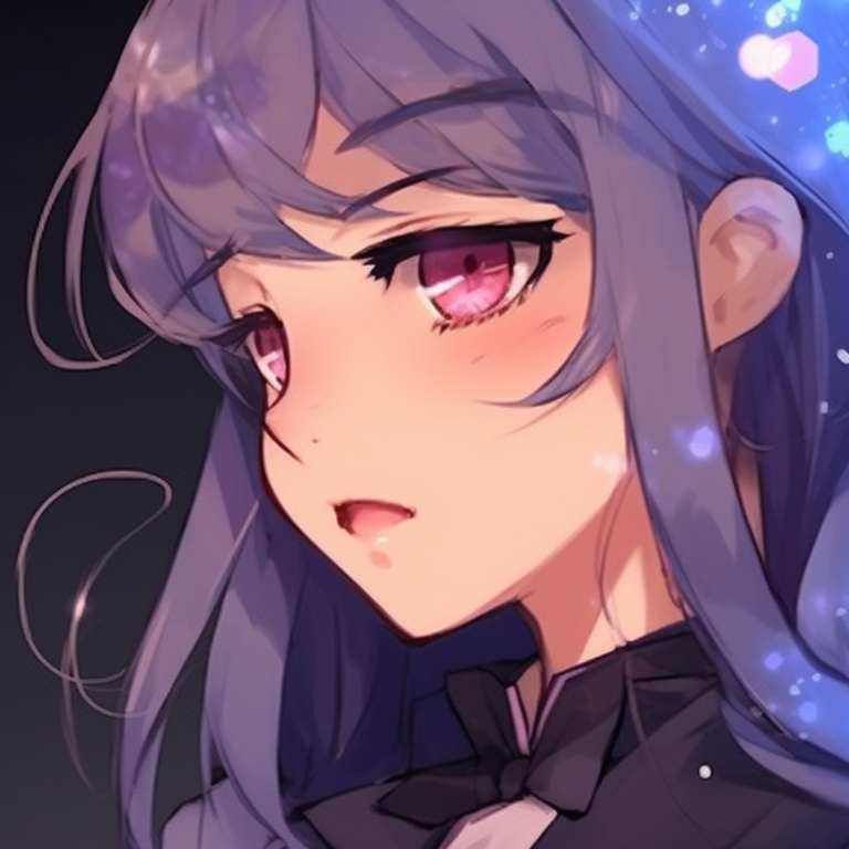 Two characters, stars and other galactic themes, vibrant purples and blues in hair and eyes. matching pfp for besties aesthetic pfp for discord.