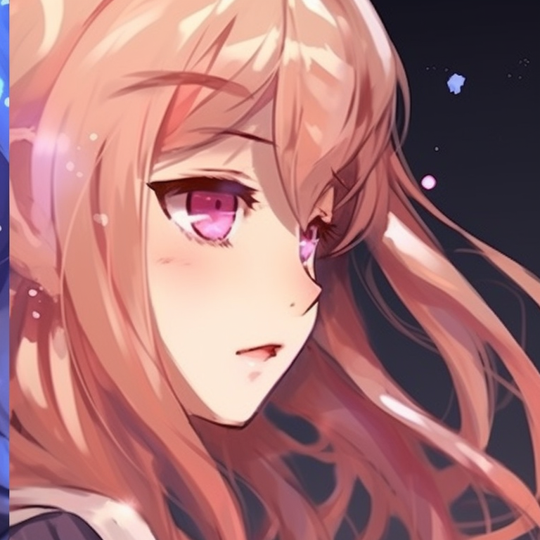 Two characters, stars and other galactic themes, vibrant purples and blues in hair and eyes. matching pfp for besties aesthetic pfp for discord.