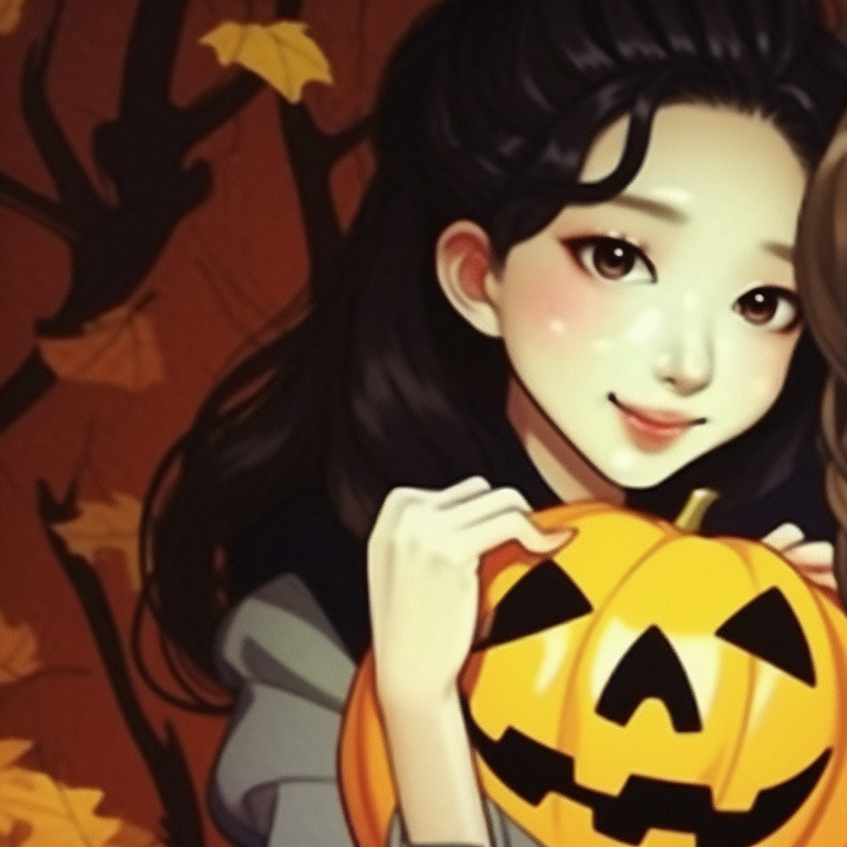 Two K-pop characters in chilling performance, dramatic spotlight highlighting their punk rock outfits. kpop halloween theme matching pfp inspirations pfp for discord.