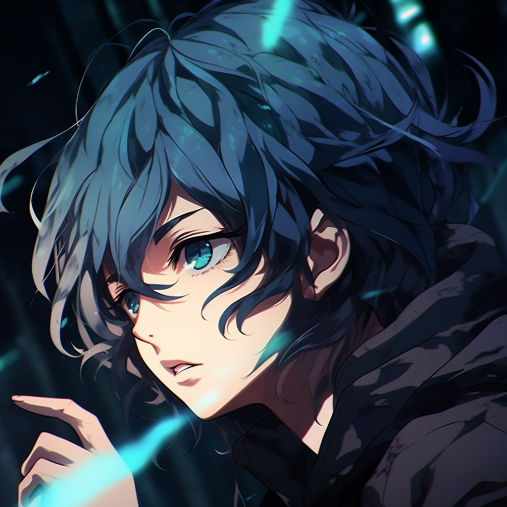 Profile picture of a blue-haired anime protagonist, entailing a fierce pose and bold outlines. best cool pfp anime images pfp for discord.