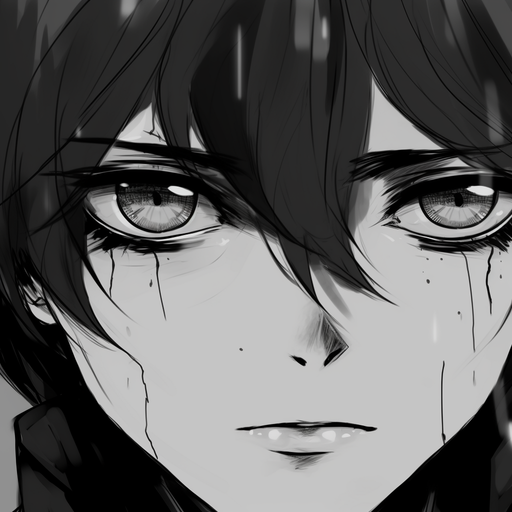 Profile view of an anime character, showcased in silhouette form with sharp lines and contrast. aesthetic anime profile picture black and white