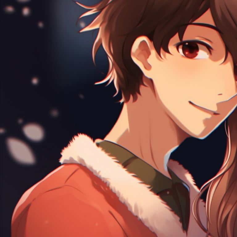 Two characters with foreheads touching gently, adorned in red and green winter wear, cold color palette with a touch of warmth from their bond. romantic matching christmas couple pfp pfp for discord.