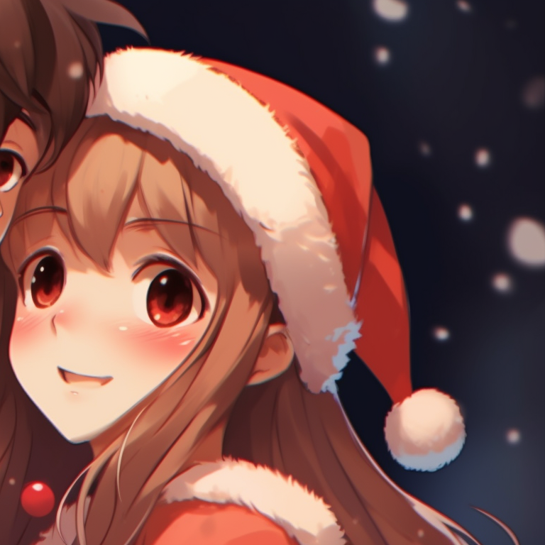 Two characters with foreheads touching gently, adorned in red and green winter wear, cold color palette with a touch of warmth from their bond. romantic matching christmas couple pfp pfp for discord.