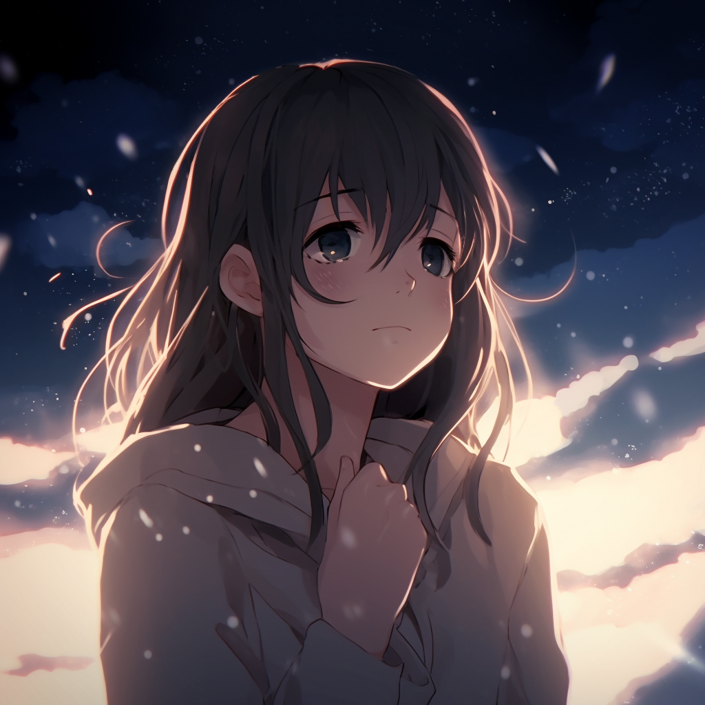 Girl sitting against a twilight backdrop, creating a warm and cozy aesthetic. anime aesthetic pfp for girls