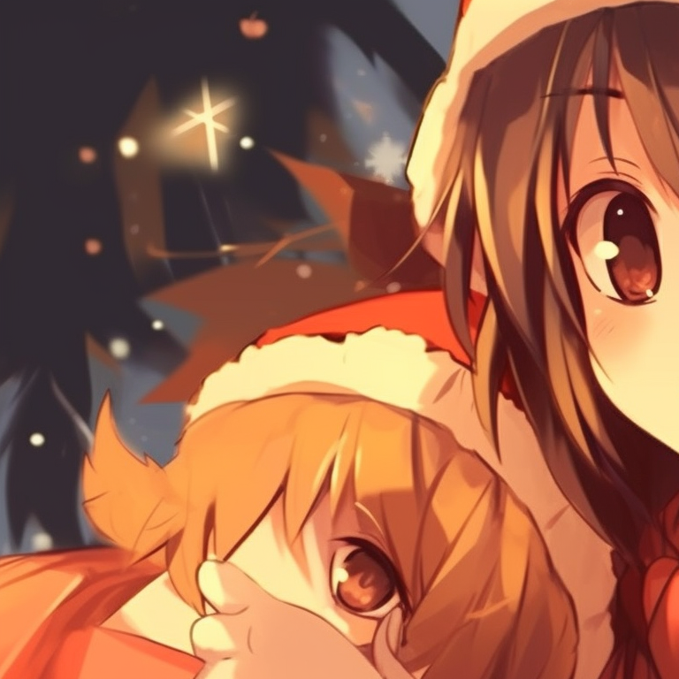 Pair of characters sharing a serene Christmas moment, standing arm in arm, cast in a warm orange light. festive matching christmas pfp orange images pfp for discord.