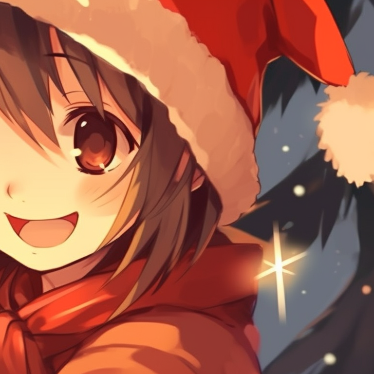 Pair of characters sharing a serene Christmas moment, standing arm in arm, cast in a warm orange light. festive matching christmas pfp orange images pfp for discord.