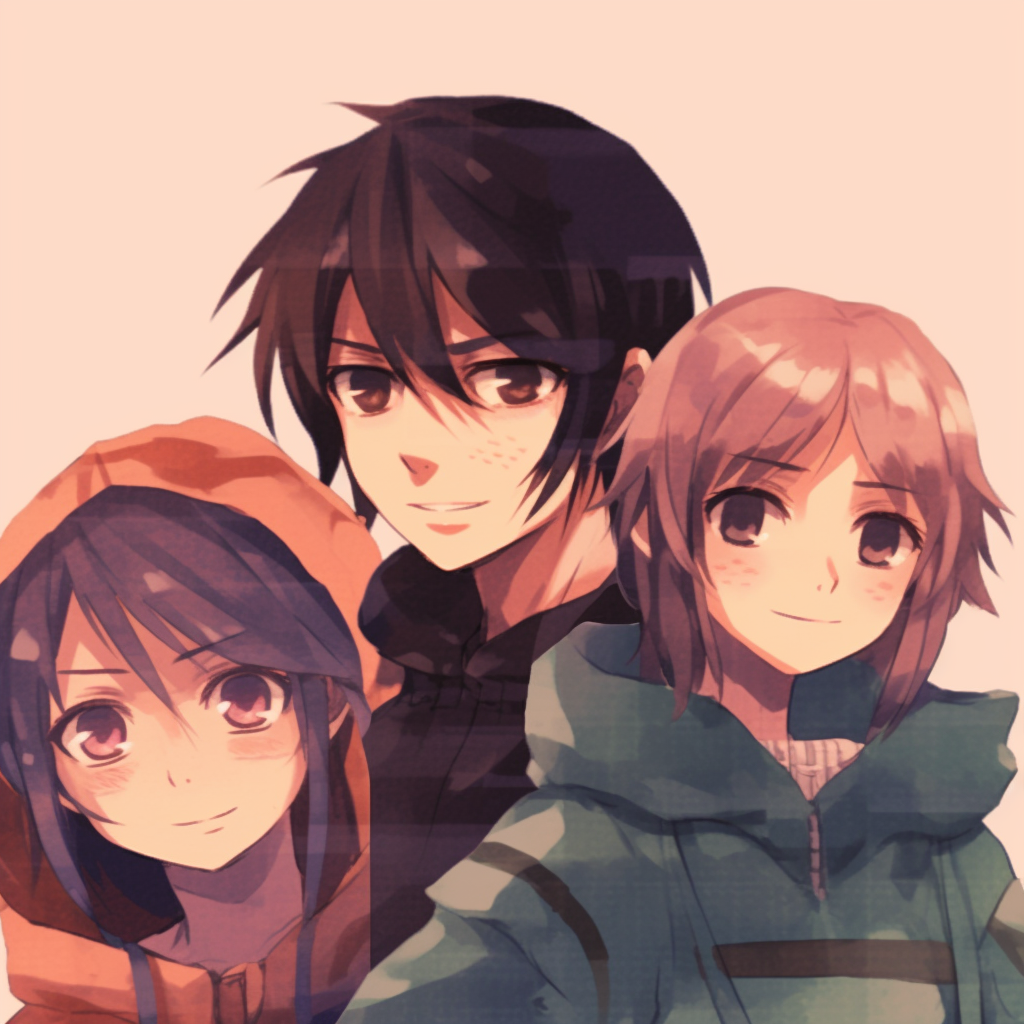 Mikasa, Eren, and Armin reflecting their intense personas, with careful attention to facial expressions and darker tones. anime 3 matching pfp for mixed gender