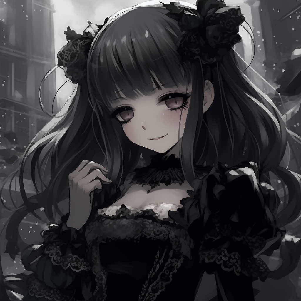 Gothic lolita anime character with intricate dress details and dark hues. unforgettable gothic anime characters pfp
