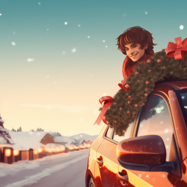 Two characters in a car, one character wearing reindeer antlers, cool color scheme and the car is crammed with Christmas gifts. optimized christmas car images pfp for discord.