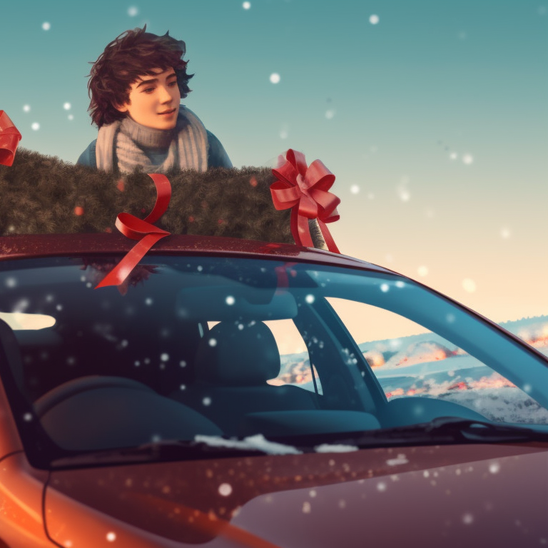 Two characters in a car, one character wearing reindeer antlers, cool color scheme and the car is crammed with Christmas gifts. optimized christmas car images pfp for discord.
