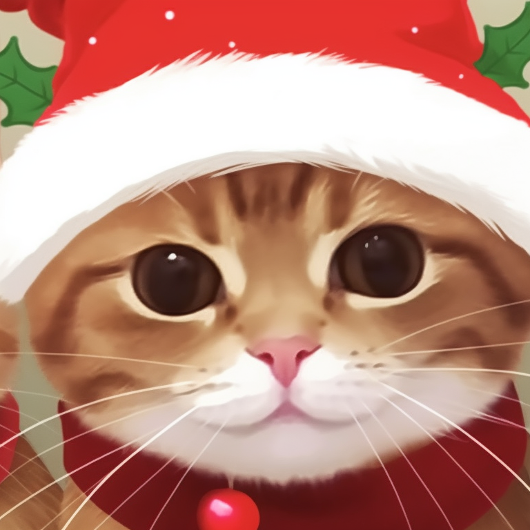 Two cat characters donned in red Christmas hats with a snowflake patterned background and a soft pastel color palette. adorable matching cat pfp christmas visuals pfp for discord.
