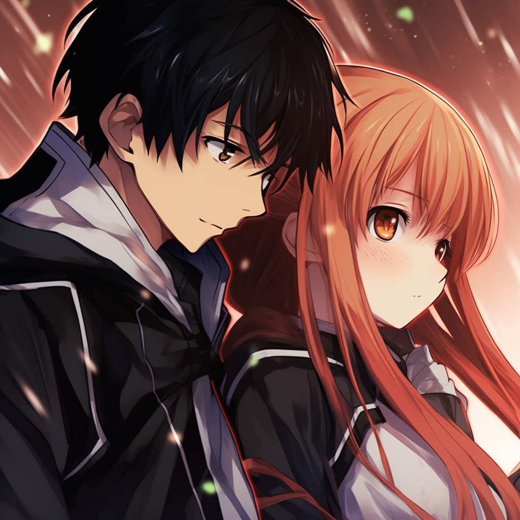 An intimate moment between Kirito and Asuna, soft shading and warm colors. matching anime pfp for couples
